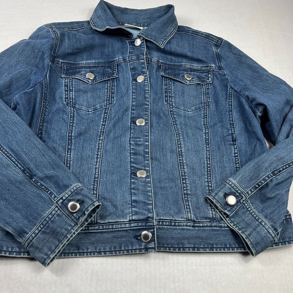 Chicos Womens Trucker Denim Jacket Blue Button Front Long Sleeve Classic 3 XL - Picture 2 of 12